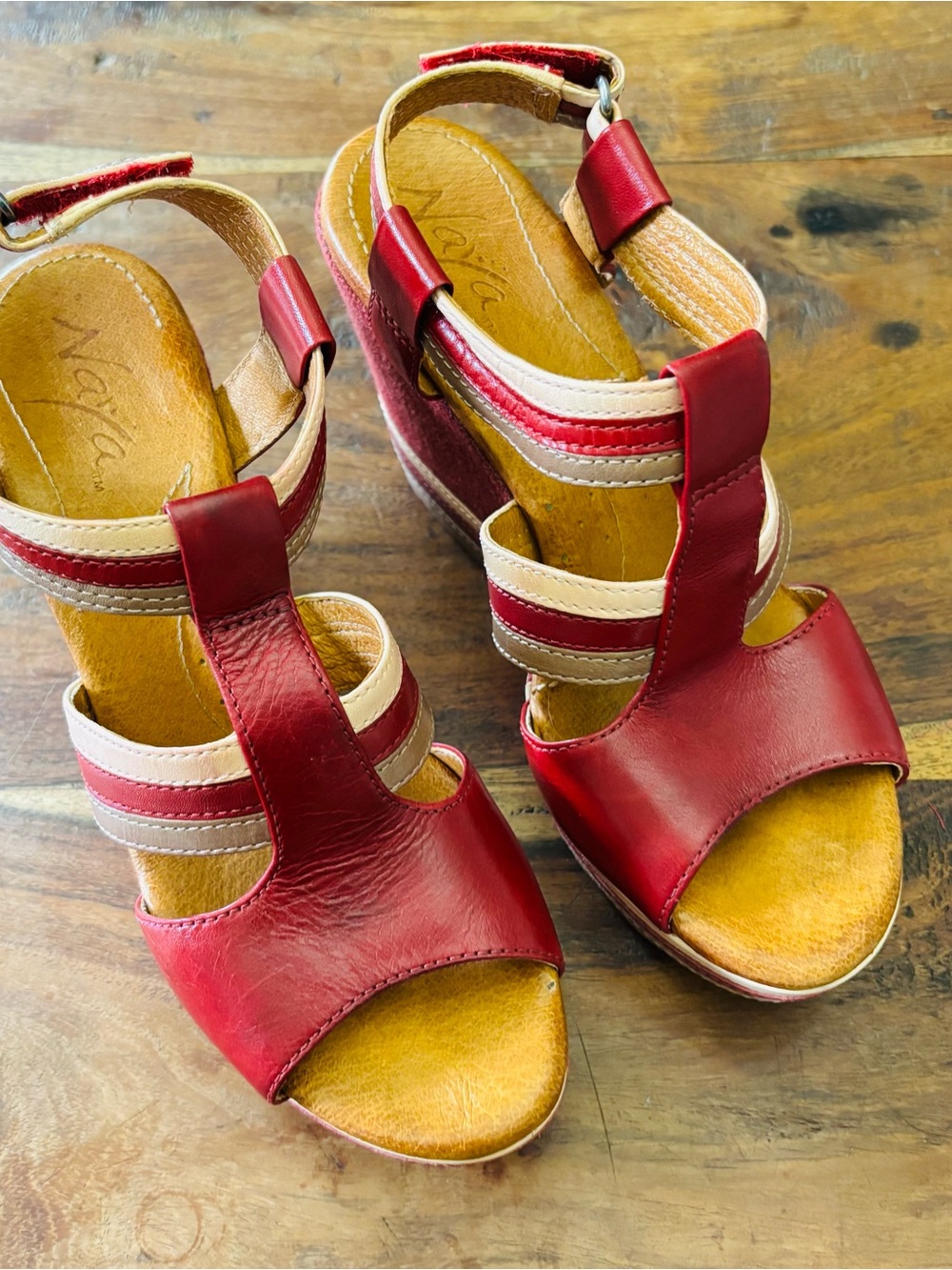 Naya Elise Red and Beige Genuine Leather Wedge Sandals